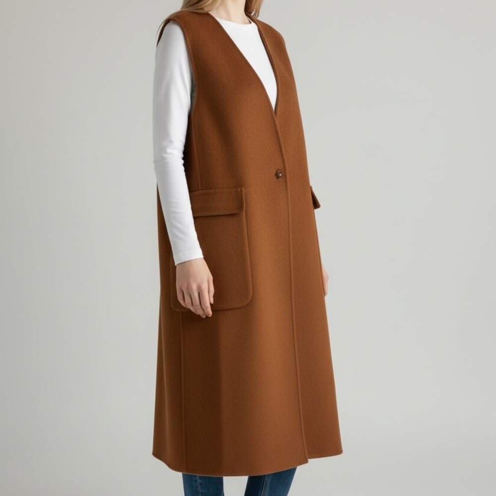 Sleeveless Long Caramel Brown Vest
